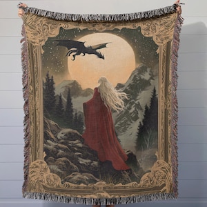 Manon Blackbeak & Abraxos Fantasy Woven Throw – Moody Dark Academia Tapestry Blanket, Booktok Throne of Glass Decor for Book Lovers