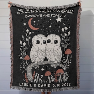 Til Death Blanket: Custom Owls Woven Throw, Spooky Wedding Gift, Anniversary Present, Kawaii Goth Halloween Decor, Unique Valentines Idea