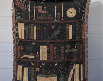 Dark Academia Bookshelf Woven Blanket Tapestry, Cozy Gothic Decor, Book Lovers, Booktok Gifts, Aesthetic Cottagecore Throw for Reading Nooks