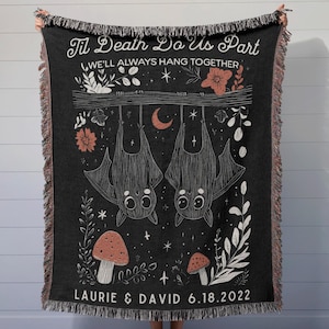 Til Death Blanket: Custom Bats Woven Throw, Spooky Wedding Gift, Anniversary Present, Kawaii Goth Halloween Decor, Unique Valentines Idea