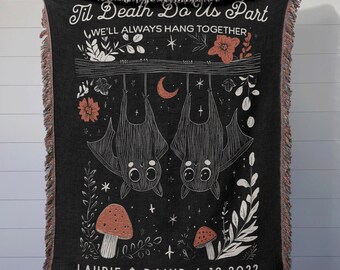 Til Death Blanket: Custom Bats Woven Throw, Spooky Wedding Gift, Anniversary Present, Kawaii Goth Halloween Decor, Unique Valentines Idea