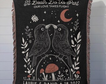 Til Death Blanket: Custom Raven Woven Throw, Spooky Wedding Gift, Anniversary Present, Kawaii Goth Halloween Decor, Unique Valentines Idea