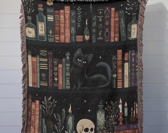 Witchy boekenplank Black Cat geweven deken tapijt, gezellig donker Cottagecore-decor voor boekenliefhebbers, Booktok-cadeaus, magische griezelige Halloween-sfeer