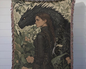Violet and Tairn Woven Blanket, Fourth Wing Bookish Throw, Fantasy Dragon Blanket, Cozy Cotton Blanket, Readers Gift, Book Lover Bedding