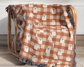 Gingham Ghost Woven Blanket: Minimalist Halloween Fall Couch Heirloom Throw with Fringe