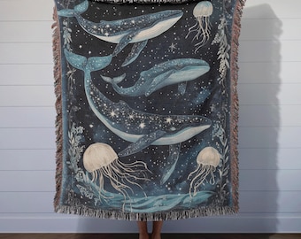 Celestial Whales Woven Blanket - Cosmic Ocean-Inspired Tapestry Throw, Dreamy Home Décor Accent, Perfect Gift for Whale and Space Lovers
