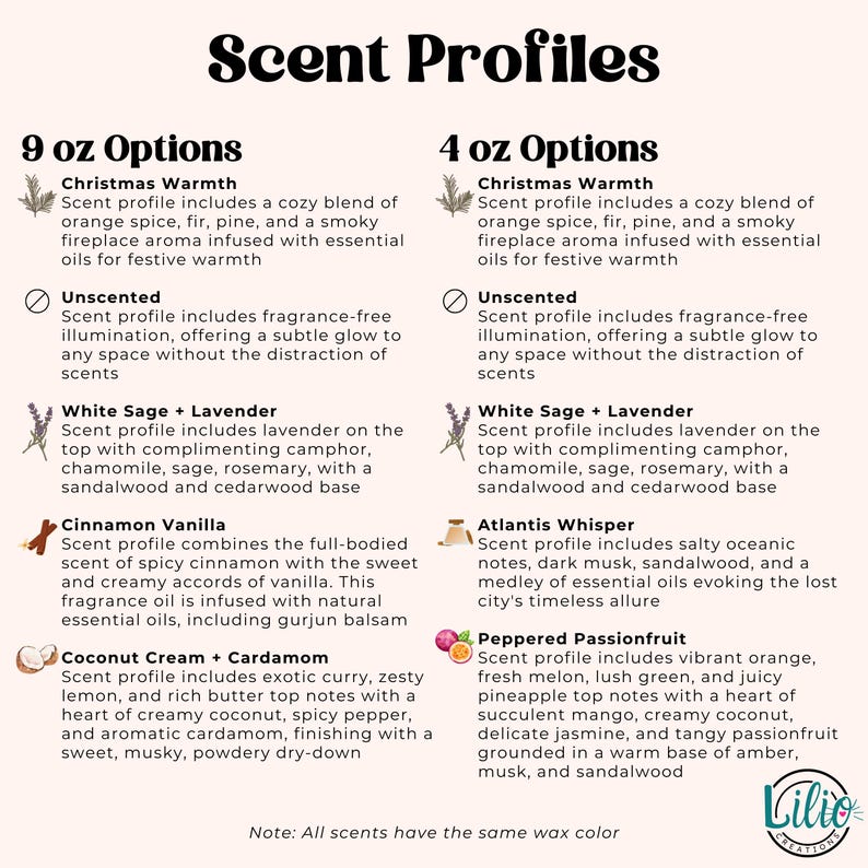 May include: A chart with a list of 9 and 4 ounce candle scents. The scents are Christmas Warmth, Unscented, White Sage + Lavender, Cinnamon Vanilla, Coconut Cream + Cardamom, Atlantis Whisper, and Peppered Passionfruit. The chart also includes a note that all scents have the same wax color.
