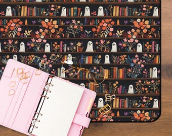 Bookish Ghosts Desk Mat, Faux Embroidery, Spooky Office Decor