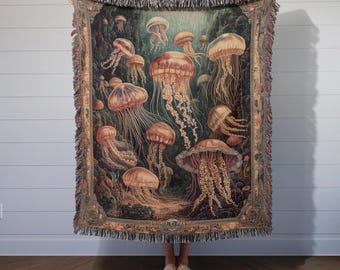 Vintage Nautical Jellyfish Woven Throw Blanket, Coastal Decor