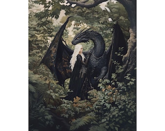 May include: A black dragon with large wings and a woman with long white hair standing in a forest setting. The dragon is looking at the woman and she is touching its head.