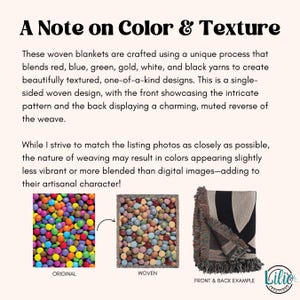 Pu&ograve; includere: Immagine di una coperta tessuta con un design unico, che mescola fili rossi, blu, verdi, oro, bianchi e neri. Il testo "A Note on Color & Texture" &egrave; visibile. La parte anteriore della coperta mostra un motivo intricato.