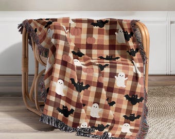 Halloween Plaid Throw Blanket: Farmhouse Ghosts, Bats, Pumpkins