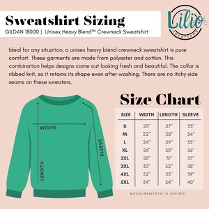 K&ouml;nnte beinhalten: Eine Gr&ouml;&szlig;entabelle f&uuml;r ein Unisex-Sweatshirt mit Rundhalsausschnitt, die die Ma&szlig;e in Zoll f&uuml;r Breite, L&auml;nge und &Auml;rmell&auml;nge f&uuml;r die Gr&ouml;&szlig;en S bis 5XL zeigt. Die Tabelle ist mit "Gr&ouml;&szlig;entabelle" und "Ma&szlig;e in Zoll" beschriftet.