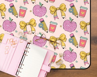 Retro Teacher Desk Mat, Bows Apples Pencils Design, Large Deskpad