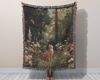 Cottagecore Cat Woven Blanket: Woodland Garden Floral Throw