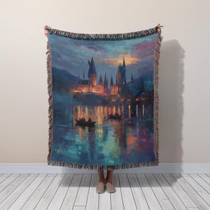 Wizard Castle Woven Blanket, Magical School Boat Arrival Throw, Fantasy Night Sky Decor, Cozy Bookish Gift For Potterhead And Magic Lovers