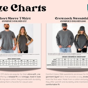 May include: Size charts for short sleeve t-shirts and crewneck sweatshirts. The charts show measurements in inches for different sizes, from small to 4XL. The text describes the fabric as ultra-soft, pre-shrunk, and garment-dyed.