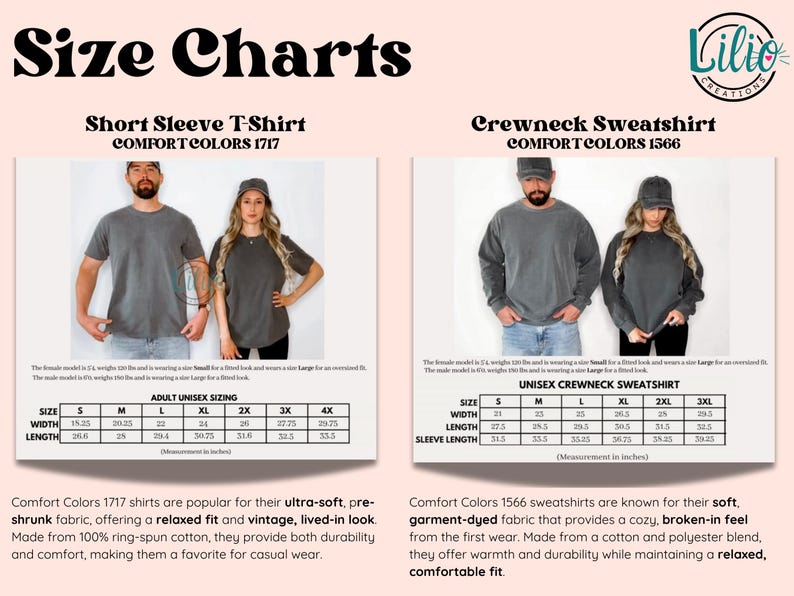 May include: Size charts for short sleeve t-shirts and crewneck sweatshirts. The charts show measurements in inches for different sizes, from small to 4XL. The text describes the fabric as ultra-soft, pre-shrunk, and garment-dyed.