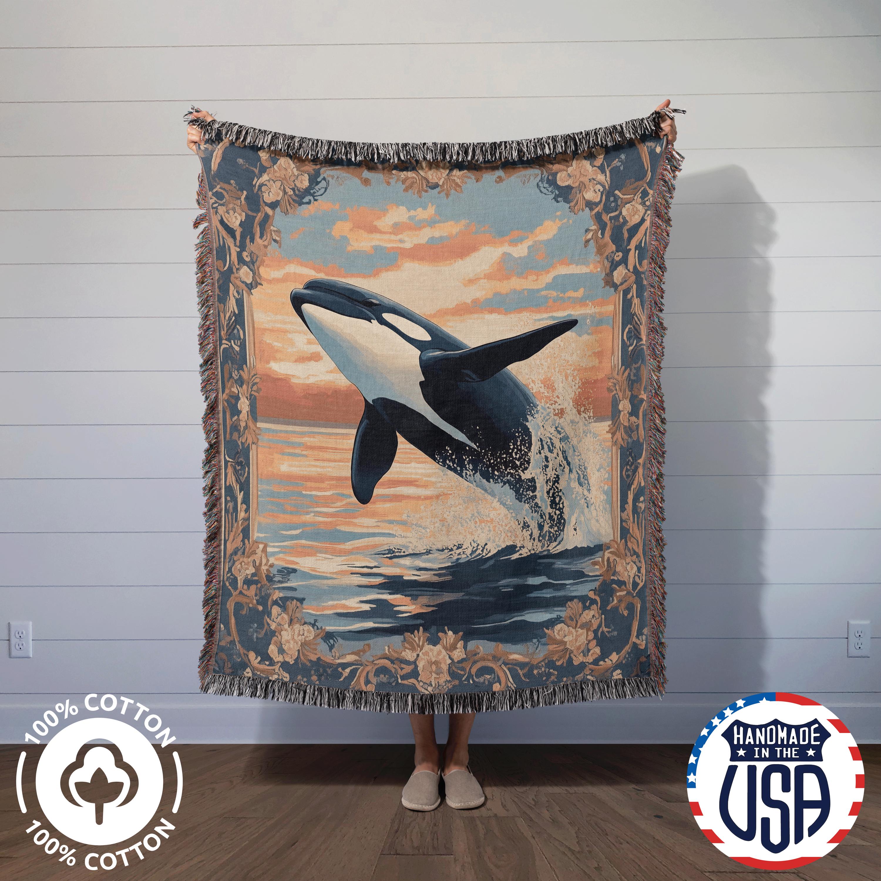 Orca Woven Blanket, Killer Whale Tapestry Throw, Pacific Northwest