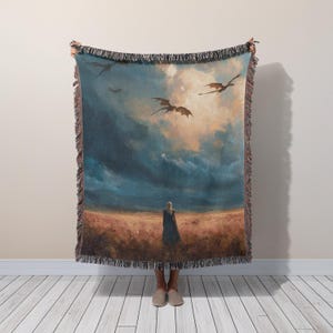 Manon and Wyverns Throne of Glass Woven Blanket with the Thirteen, Fantasy Dragon Queen Throw for Book Lovers and Cozy Home Decor