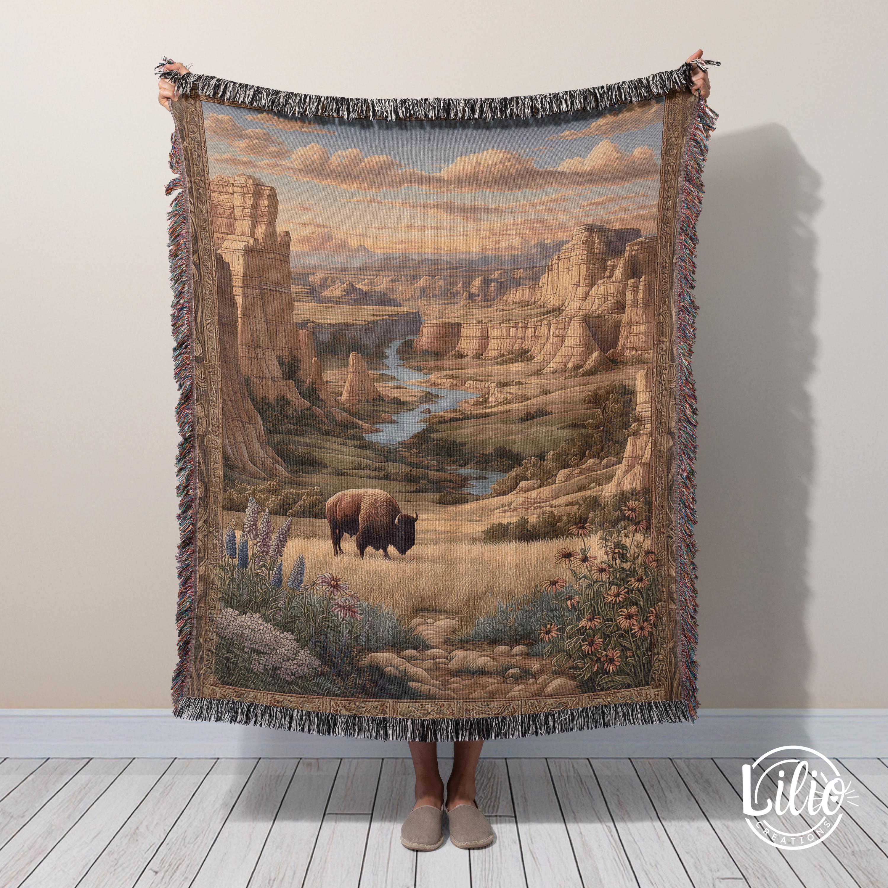 Badlands National Park Woven Blanket, Vintage Landscape Tapestry