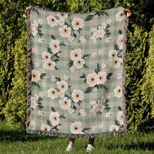 Cottagecore Sage Green Floral Gingham Woven Throw Blanket with Fringe, Cozy Farmhouse Blanket for Bed, Sofa, or Rustic Country Decor