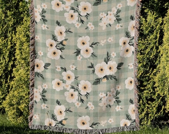Cottagecore Sage Green Floral Gingham Woven Throw Blanket with Fringe, Cozy Farmhouse Blanket for Bed, Sofa, or Rustic Country Decor