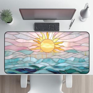 Ocean Waves Sunset Faux Stained Glass Desk Mat – Vibrant Non-Slip Neoprene Pad with Stunning Sunset Design, Ideal for Home & Office Gift