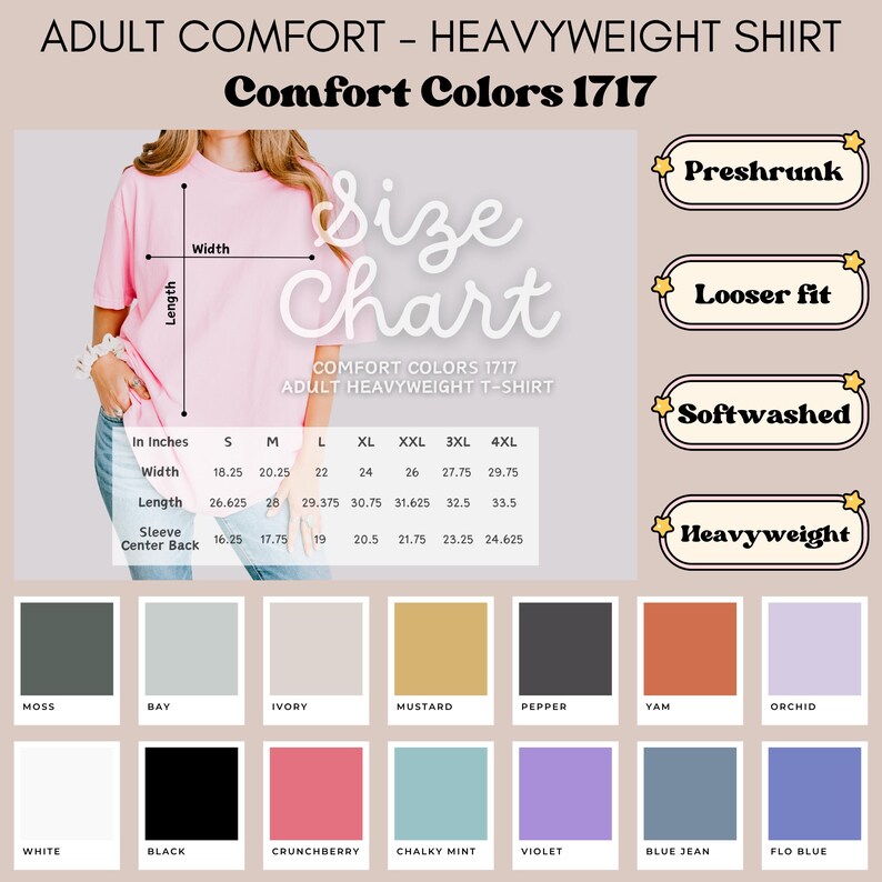 Pode incluir: Uma camiseta rosa para adultos da Comfort Colors 1717, com uma tabela de tamanhos em polegadas. A camisa &eacute; pr&eacute;-encolhida, macia e tem um ajuste mais solto. As op&ccedil;&otilde;es de cores incluem musgo, ba&iacute;a, marfim, mostarda, pimenta, inhame e orqu&iacute;dea.