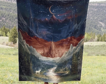 Fantasy Valley Blanket – Mountain City Art Throw – Bookish Fantasy Merch