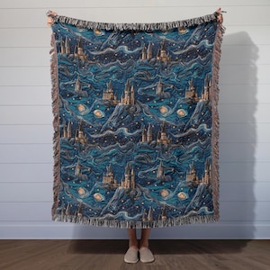 Whimsical Wizard Castle Woven Throw Blanket - Starry Night Bookish Design for Fantasy Lovers, Cozy Decor for Booktok and Reading Nooks