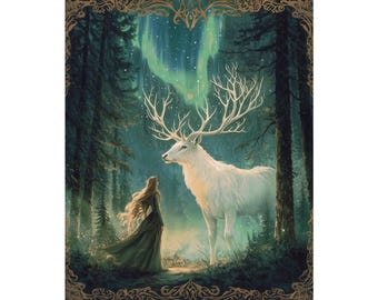 May include: A woman in a green dress stands in a forest, looking up at a white stag with large antlers. The stag is standing in a clearing, with a green and blue aurora borealis in the background.