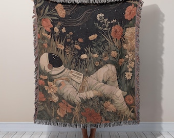 iMPeRF Astronaut Flower Woven Blanket Ｍ Astronaut Floral 100% Cotton Woven Blanket, Space Lover Gift