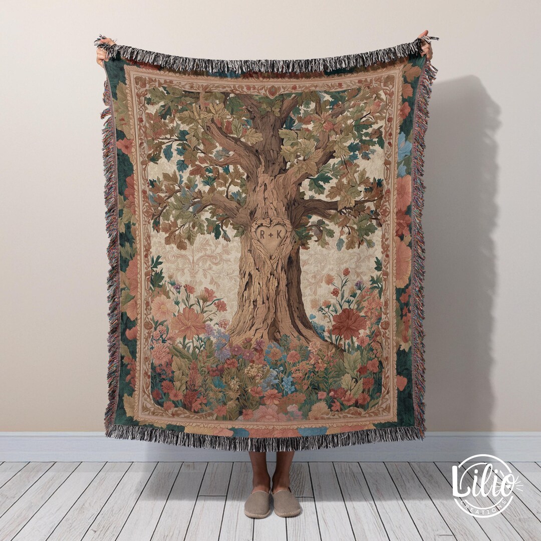 Custom Oak Tree Woven Blanket, Personalized Initials Floral Throw ...