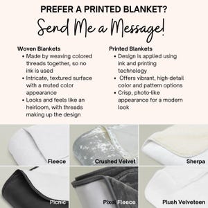 Pu&ograve; includere: Una pubblicit&agrave; per coperte stampate. L'immagine mostra esempi di diversi materiali per coperte, tra cui pile, velluto schiacciato, sherpa, picnic, pile pixel e velluto di peluche. Il testo recita: "Preferisci una coperta stampata? Mandami un messaggio!"