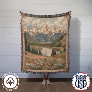 Grand Teton National Park Gewebte Decke, Vintage Berg Gobelin werfen, rustikales Naturdekor, hergestellt in den USA, Reisegeschenk, Decke im Cottage-Stil