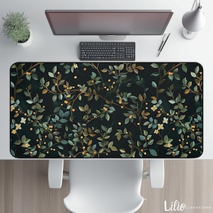 Alfombrilla de escritorio botánica oscura, alfombrilla de ratón extensible con hojas y flores vintage, decoración de oficina estilo cottagecore, regalo estético para trabajar desde casa.