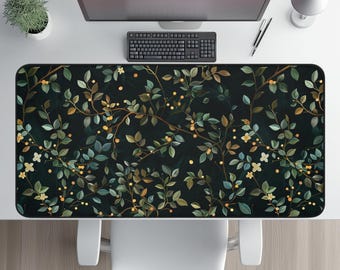 Dark Botanical Desk Mat, Vintage Leaf and Floral Extended Mouse Pad, Cottagecore Office Decor, Aesthetic Work From Home Gift