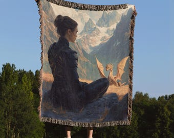 Violet and Andarna Woven Blanket, Cozy Fantasy Bookish Throw, Fourth Wing Inspired Blanket, Soft Cotton Dragon Blanket Gift for Readers