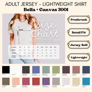 Pode incluir: Tabela de tamanhos para uma camiseta unissex de manga curta Bella + Canvas 3001. A tabela inclui medidas em polegadas, com uma largura que varia de 41,9 cm a 81,3 cm, e uma paleta de cores.