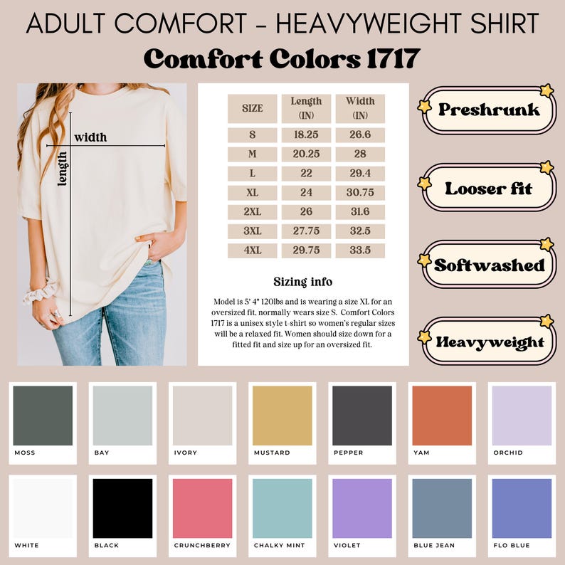 May include: A size chart for a heavyweight, preshrunk, softwashed t-shirt in Comfort Colors 1717. The chart shows the length and width in inches for sizes S through 4XL. The chart also includes a description of the fit and sizing information for the shirt.