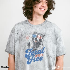 May include: A grey acid-wash t-shirt with a raccoon wearing sunglasses in the style of the American flag, holding a sparkler. The text "Feral and Free" is in blue script. The word "Smoke" is at the bottom left.