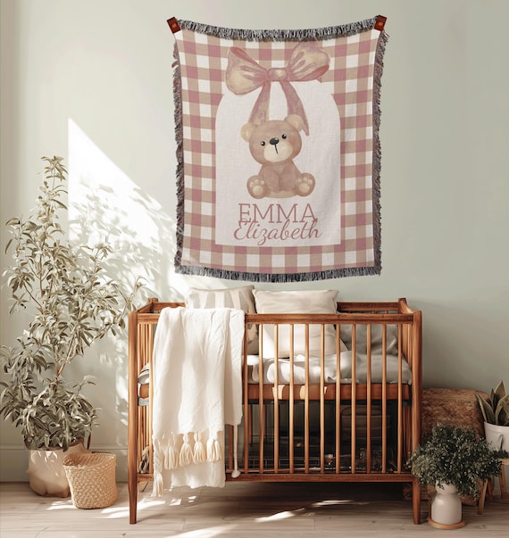 Personalized Woven Baby Blanket, Pink Gingham Coquette Bow Teddy