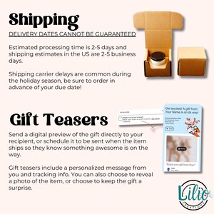May include: A graphic with the text "Shipping" and "Gift Teasers" in large, bold font. The text explains that shipping dates cannot be guaranteed and that gift teasers include a personalized message, tracking info, and the option to reveal a photo of the item or keep it a surprise.