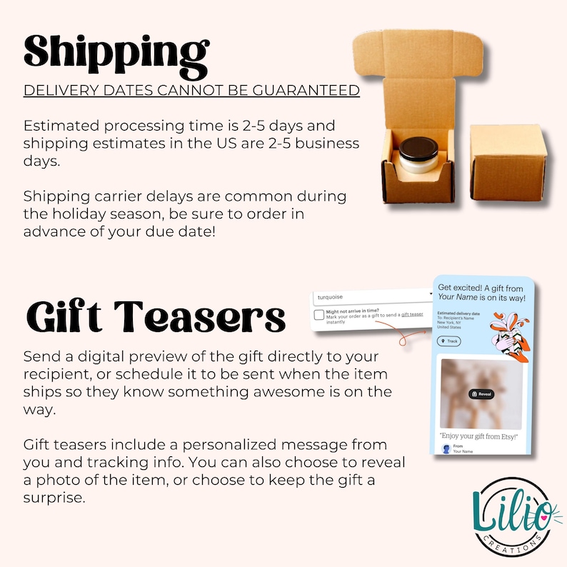 May include: A graphic with the text "Shipping" and "Gift Teasers" in large, bold font. The text explains that shipping dates cannot be guaranteed and that gift teasers include a personalized message, tracking info, and the option to reveal a photo of the item or keep it a surprise.