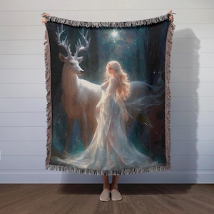 Throne of Glass Stars Inspired Woven Blanket, Aelin and White Stag Tapestry Throw, Cozy TOG Fan Gift, Fantasy Fandom Merch for Booktok