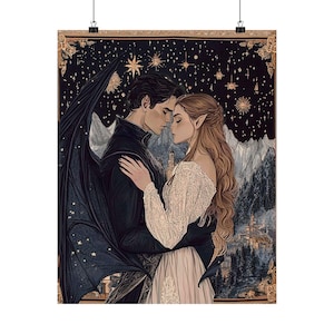 Romantyczny wydruk artystyczny Rhysand i Feyre Velaris inspirowany secesją | ACOTAR Starfall Wall Decor | City of Starlight Fandom Couple Gift