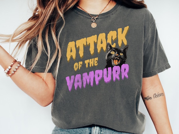 Attack of the Vampurr Comfort Colors Shirt, Funny Black Cat Halloween Tee, Retro Horror Cat Lover Gift, Spooky Season T-Shirt
