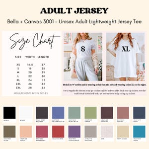 May include: Image of a white t-shirt with the text "S" and "XL" on models. The image includes a size chart with measurements in inches, and a color palette with various heather shades. The text reads "ADULT JERSEY".