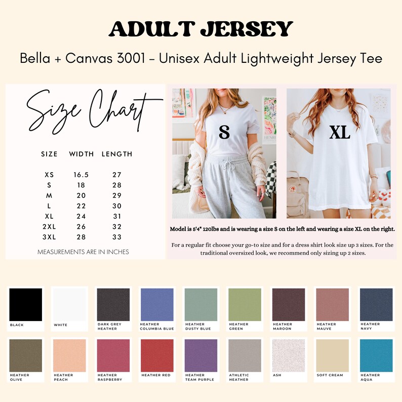 May include: Image of a white t-shirt with the text "S" and "XL" on models. The image includes a size chart with measurements in inches, and a color palette with various heather shades. The text reads "ADULT JERSEY".